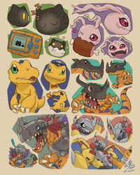  agumon anthro armor bandai_namco digimon digimon_(species) dinosaur eating egg evolutionary_family extinct food green_eyes greymon group hatching horn koromon male meat metal metalgreymon orange_body prehistoric_species reptile ry-spirit scalie waddling_head wargreymon yellow_body 