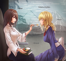  2girls akehi_yuki bento black_skirt blonde_hair book bow chopsticks closed_eyes collar dress eating feeding food high_collar holding holding_bento holding_chopsticks long_sleeves maribel_hearn mg_mg multiple_girls neck_ribbon no_headwear open_mouth purple_dress red_eyes red_ribbon retrospective_53_minutes ribbon romaji_text sash shirt short_hair sitting skirt touhou usami_renko white_bow white_collar white_sash white_shirt wide_sleeves 