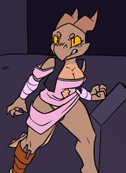  angry animated anthro book breast_jiggle breasts brown_body cleavage clenched_teeth clothed clothing female feral freckles horn jiggling kobold non-mammal_breasts reptile scalie short_playtime solo srriz srriz_adventure srrizadventurer tail teeth thick_tail thong underwear wraps yellow_eyes 