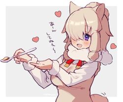  :d alpaca_ears alpaca_suri_(kemono_friends) alpaca_tail animal_ears blue_eyes brown_vest commentary female fur_collar fur_trim hair_bun hair_over_one_eye hair_tubes heart kemono_friends long_sleeves neck_ribbon noamem open_mouth red_ribbon ribbon shirt short_hair single_hair_bun smile solo spoon tail translated vest white_fur white_hair white_shirt 