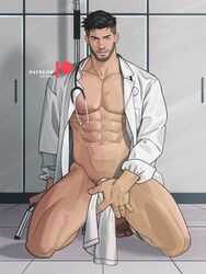  1boy abs bara bare_pectorals beard black_hair coat covering_crotch covering_privates doctor facial_hair highres holding holding_towel katto8452 kneeling lab_coat large_pectorals looking_at_viewer male_focus male_pubic_hair mature_male muscular muscular_male naked_coat navel nipples open_clothes open_coat open_mouth original patreon_username pectorals pubic_hair pubic_hair_peek short_hair sideburns smile solo stethoscope thick_thighs thighs towel undercut 