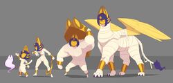  2022 absurd_res animal_crossing ankha_(animal_crossing) anthro domestic_cat felid feline felis female feral group hi_res huffslove khopesh mammal melee_weapon muscular muscular_female mythological_creature mythological_sphinx mythology nintendo spirit sword weapon wings wrappings 