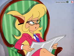  anthro blonde_hair callie_briggs clothed clothing domestic_cat eyewear felid feline felis female hair hanna-barbera mammal meme metro-goldwyn-mayer newspaper niban-destikim sitting solo swat_kats tom_and_jerry tom_reading_the_newspaper 