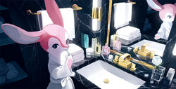  absurdres animal_ears animal_hands animal_nose bathrobe bathroom black_eyes body_fur bottle bright_pupils brushing_teeth closed_mouth commentary faucet female flat_chest flower from_behind furry furry_female hand_up highres holding holding_toothbrush indoors long_sleeves looking_at_viewer looking_back marble_(stone) mayumochini mirror original perfume_bottle petals pink_fur reflection rose sash sink snout solo standing three_quarter_view toothbrush toothbrush_in_mouth towel towel_rack two-tone_fur vase water white_flower white_fur white_pupils white_rose wide_sleeves 