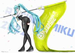  absurdres aqua_eyes aqua_hair ass asymmetrical_bodysuit black_bodysuit bodysuit boots commentary crop_top crop_top_overhang female flag gloves goodsmile_racing green_flag green_gloves hatsune_miku high_heels highres holding holding_flag long_sleeves md5_mismatch race_queen racing_miku racing_miku_(2022) simple_background single_thigh_boot single_thighhigh smiley_face solo tesu@youbon thigh_boots thighhighs twintails twitter_username vocaloid white_background 