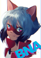  absurdres animal_ears aqua_eyes blue_hair brand_new_animal bright_pupils brown_fur coat commentary female furry furry_female highres kagemori_michiru looking_to_the_side mayumochini multicolored_eyes open_clothes open_coat pink_eyes portrait raccoon_ears raccoon_girl red_coat shirt short_hair sidelocks solo two-tone_fur white_pupils white_shirt 