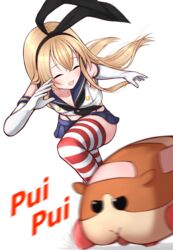  animal black_eyes black_neckerchief blonde_hair blue_sailor_collar blue_skirt closed_eyes crossover elbow_gloves female gloves guinea_pig hairband highleg highleg_panties highres kantai_collection long_hair miniskirt molcar neckerchief open_mouth panties pleated_skirt pui_pui_molcar racing running sailor_collar shimakaze_(kancolle) simple_background skirt striped_clothes striped_thighhighs thighhighs tiemu_(man190) underwear white_background white_gloves 