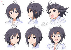  :3 absurdres ahoge black_hair expressions female highres idolmaster idolmaster_(classic) kikuchi_makoto multiple_views open_mouth portrait pout profile shirt short_hair smile sweatdrop takatsuki_p white_background 