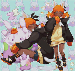  1boy aged_down animal_ears black_footwear black_legwear blush chariko closed_eyes closed_mouth commentary earrings goomy half-closed_eyes hood hood_down hoodie jewelry long_sleeves male_focus oversized_clothes pokemon pokemon_(creature) pokemon_swsh raihan_(pokemon) shoes shorts sitting sleeping sleeves_past_fingers sleeves_past_wrists smile socks tail zzz 