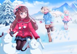  3girls absurdres blonde_hair blue_sky brown_hair commission english_commentary grey_hair highres irina_kushu magia_record:_mahou_shoujo_madoka_magica_gaiden mahou_shoujo_madoka_magica mountain mountainous_horizon multiple_girls outdoors pantyhose radio.broom satomi_touka sky snowball snowman tree winter winter_clothes yakumo_mikage 