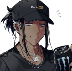  1boy alternate_costume black_hair black_shirt blush can chariko closed_mouth collarbone commentary dark-skinned_male dark_skin fang_out grey_eyes half-closed_eyes hand_up holding holding_can jewelry lock male_focus medium_hair monster_energy necklace notice_lines oerba_yun_fang pokemon pokemon_swsh pornhub raihan_(pokemon) shirt simple_background smile solo t-shirt white_background 