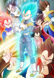  1boy adjusting_clothes adjusting_gloves age_progression armor back black_bodysuit black_hair blood blood_on_face blue_bodysuit blue_eyes blue_hair bodysuit boots brown_hair cape chest_armor closed_mouth dragon_ball dragon_ball_gt dragon_ball_super dragon_ball_z evil_smile facial_mark fuoore_(fore0042) gloves green_eyes highres injury lolicon looking_at_viewer majin_vegeta male_focus muscular muscular_male open_mouth red_cape red_eyes red_hair saiyan saiyan_armor short_hair smile spiked_hair super_saiyan super_saiyan_1 super_saiyan_2 super_saiyan_4 super_saiyan_blue super_saiyan_god vegeta white_gloves 