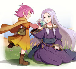  2girls boots cape closed_eyes commentary_request dress fae_(fire_emblem) fire_emblem fire_emblem:_the_binding_blade fire_emblem_heroes flower from_side gonzarez green_eyes heterochromia highres holding holding_flower idunn_(fire_emblem) leg_up long_hair long_sleeves multiple_girls open_mouth pointy_ears pouch purple_dress purple_hair red_eyes short_hair sidelocks sitting 