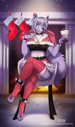  2020 anklet anthro artist_name bell belt biped bracelet canid canine canis chest_tuft choker christmas christmas_clothing christmas_stocking clothed clothing crossed_arms detailed_background digital_media_(artwork) eggnog feet female fireplace fluffy fluffy_tail fur hi_res holding_glass holding_object holidays inner_ear_fluff inside jewelry jingle_bell latex latex_clothing latex_legwear latex_stockings legwear maku_(maku450) mammal mistletoe navel necklace plant purple_body purple_fur purplelemons sitting smile snow snowing solo stockings tail text thigh_highs toes tuft url wolf yellow_eyes 