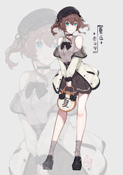  absurdres bag black_bow black_footwear black_hat black_skirt blue_eyes blush bow breasts brown_hair cabbie_hat clothing_cutout collared_shirt commentary_request dress_shirt eyebrows_hidden_by_hair female full_body grey_shirt grey_socks grin hair_between_eyes hat hayate_fish highres holding holding_bag hololive jacket looking_at_viewer natsuiro_matsuri natsuiro_matsuri_(casual) off_shoulder official_alternate_costume open_clothes open_jacket plaid puffy_short_sleeves puffy_sleeves shirt shoes short_sleeves shoulder_cutout skirt small_breasts smile socks solo standing twintails virtual_youtuber white_jacket zoom_layer 