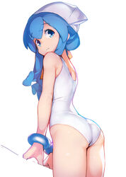  absurdres arm_support ass ataruman bad_link blue_eyes blue_hair bracelet closed_mouth expressionless female from_side hat highres ikamusume jewelry long_hair looking_at_viewer one-piece_swimsuit shinryaku!_ikamusume simple_background solo swimsuit third-party_source white_background white_hat white_one-piece_swimsuit 