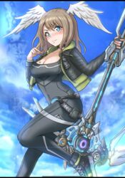  black_bodysuit blue_eyes bodysuit breast_tattoo breasts chascoby eunie_(xenoblade) female green_hoodie highres hood hoodie jacket large_breasts leather leather_jacket solo staff tattoo white_wings wings xenoblade_chronicles_(series) xenoblade_chronicles_3 