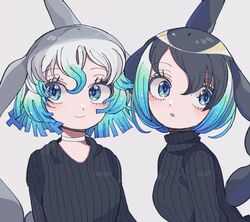  2girls alternate_costume black_hair black_sweater blonde_hair blowhole blue_eyes blue_hair cetacean_tail choker common_bottlenose_dolphin_(kemono_friends) common_dolphin_(kemono_friends) dolphin_girl dorsal_fin fins fish_tail grey_hair hair_between_eyes kanmoku-san kemono_friends long_sleeves matching_outfits multicolored_hair multiple_girls short_hair sweater tail turtleneck turtleneck_sweater v-neck white_choker white_hair 