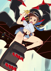  black_coat blue_skirt brass_knuckles breasts brown_eyes brown_hair coat coat_on_shoulders commentary doodlerush english_commentary female flying_kick geta highres holding inazuma_kick kicking kill_la_kill large_breasts looking_at_viewer mankanshoku_mako miniskirt mouth_hold navel open_clothes open_coat open_mouth panties pantyshot round_teeth short_sleeves signature skirt solo spiked_footwear stalk_in_mouth teeth underwear upper_teeth_only weapon white_panties 