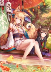  2girls :d :t animal animal_ear_fluff animal_ears bare_legs barefoot black_footwear black_hair black_sailor_collar black_serafuku black_shirt black_skirt blonde_hair blue_bow blush bow breasts brown_eyes closed_mouth commentary dango detached_sleeves ear_down eating fish food fox_ears fox_girl fox_tail goldfish hair_between_eyes highres holding holding_food japanese_clothes kimono koi lantern legs long_hair long_sleeves looking_at_viewer multiple_girls multiple_torii neckerchief obi open_mouth original outdoors paper_lantern parasol partially_underwater_shot platform_footwear pleated_skirt red_neckerchief ribbon-trimmed_sleeves ribbon_trim rubber_duck sailor_collar sakura_ani sandals sanshoku_dango sash school_uniform serafuku shirt sideboob sitting skirt sleeveless sleeveless_kimono sleeves_past_fingers sleeves_past_wrists smile soaking_feet tail toes torii tree umbrella very_long_hair wagashi water white_kimono wide_sleeves zouri 