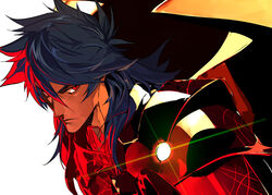  1boy armor blue_hair breastplate dark_blue_hair dark_skin earrings fate/grand_order fate_(series) from_side glowing_armor gold_armor golden_wings gradient_hair jewelry long_hair looking_at_viewer male_focus multicolored_hair pako_(pakosun) red_eyes romulus_quirinus_(fate) solo upper_body white_background wings 