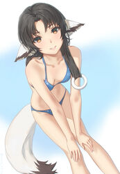  animal_ears bare_arms bare_shoulders bent_over bikini black_hair blue_background blue_bikini blush breasts brown_eyes cleavage collarbone dog_ears dog_girl dog_tail dutch_angle eruruu feet_out_of_frame female gradient_background hands_on_own_knees highres long_hair looking_at_viewer miura-n315 parted_bangs parted_lips small_breasts smile solo standing swimsuit tail utawarerumono utawarerumono:_itsuwari_no_kamen very_long_hair 