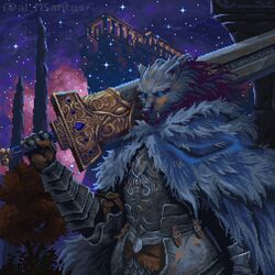  1boy al_santos armor blaidd_the_half-wolf blue_eyes breastplate cliff cloak column commentary elden_ring english_commentary fangs fangs_out faulds fur_cloak furry furry_male gauntlets greatsword holding holding_sword holding_weapon in-universe_location male_focus outdoors over_shoulder pillar pixel_art solo sparkle standing sword tree twitter_username upper_body weapon weapon_over_shoulder 