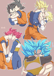  2boys armor bara black_bodysuit black_hair blonde_hair blue_bodysuit blue_hair blush bodysuit chest_armor closed_eyes closed_mouth couple dragon_ball dragon_ball_super dragon_ball_z eye_contact french_kiss fuoore_(fore0042) gloves heart highres holding_hands hug kissing looking_at_another male_focus multiple_boys muscular muscular_male open_mouth red_eyes red_hair saiyan_armor saliva saliva_trail short_hair son_goku spiked_hair super_saiyan super_saiyan_1 super_saiyan_blue super_saiyan_god tongue tongue_out torn_clothes translated vegeta white_gloves yaoi 