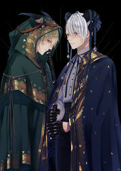  2boys absurdres black_background black_gloves black_pants blonde_hair blue_cloak blue_eyes blue_ribbon capelet cloak closed_mouth collared_shirt cowboy_shot curled_horns frown gemini_(zodiac) gloves gold_trim green_capelet green_cloak green_eyes hair_between_eyes hair_ornament half_gloves highres holding holding_sword holding_weapon hood hood_up hooded_cloak horn_ornament horn_ribbon horn_ring horns katana long_sleeves looking_at_viewer male_focus maro_(m_r_6717) multiple_boys neck_ribbon pants profile ribbon shirt short_hair sideways_glance simple_background smile star_(symbol) star_ornament string sword touken_ranbu weapon white_hair white_shirt yamanbagiri_chougi yamanbagiri_kunihiro zodiac 