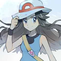  bag black_wristband blue_shirt brown_hair closed_mouth commentary eyelashes female floating_hair grey_eyes grey_hat hand_on_headwear hat hat_tug leaf_(pokemon) light_blush pokemon pokemon_frlg rata_(m40929) shirt shoulder_bag sleeveless sleeveless_shirt smile solo upper_body vs_seeker 