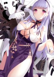  absurdres azur_lane bare_arms bare_shoulders black_hairband blue_hair blunt_bangs blush breasts check_commentary cleavage closed_mouth commentary commentary_request dido_(anxious_bisque_doll)_(azur_lane) dido_(azur_lane) disembodied_hand dress female gloves hairband halter_dress halterneck highres holding_hands kneeling large_breasts long_hair long_sleeves official_alternate_costume pelvic_curtain purple_dress purple_eyes sleeveless sleeveless_dress straight_hair thighs very_long_hair white_gloves yamaha_tsui 