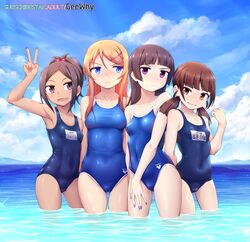  4girls arm_up armpits artist_name ass_visible_through_thighs bad_id bad_pixiv_id black_hair blue_eyes blue_one-piece_swimsuit blue_sky blush breasts brown_eyes brown_hair collarbone competition_school_swimsuit covered_navel dark-skinned_female dark_skin day eyes_visible_through_hair geewhy gokou_hinata gokou_ruri hair_bobbles hair_ornament hairclip highres hime_cut kousaka_kirino long_hair looking_at_viewer medium_breasts mole mole_under_eye multiple_girls name_tag old_school_swimsuit one-piece_swimsuit open_mouth orange_hair ore_no_imouto_ga_konna_ni_kawaii_wake_ga_nai outdoors ponytail purple_eyes ria_hagry school_swimsuit short_hair short_twintails sky small_breasts standing subscribestar_username swimsuit twintails v water watermark web_address 