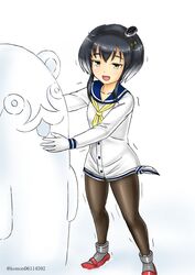  anchor anchor_symbol black_hair black_pantyhose blue_sailor_collar bokukawauso brown_eyes female gloves gradient_hair grey_hair hair_between_eyes hat headgear high_heels kantai_collection kudou_(ooabareteng) lowleg lowleg_pantyhose mini_hat multicolored_hair one-hour_drawing_challenge open_mouth pantyhose red_footwear rudder_footwear sailor_collar seamed_legwear shirt short_hair short_hair_with_long_locks side-seamed_legwear sidelocks smile snow snow_sculpture solo tied_shirt tokitsukaze_(kancolle) twitter_username white_gloves 