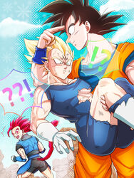  !? 3boys anger_vein ass back bara black_bodysuit black_hair blonde_hair blue_bodysuit blush bodysuit boots carrying carrying_person closed_mouth cloud commentary_request day dougi dragon_ball dragon_ball_legends dragon_ball_super dragon_ball_z facial_mark fuoore_(fore0042) gloves green_eyes highres large_pectorals looking_at_another majin_vegeta male_focus monkey_tail multiple_boys muscular muscular_male nipples open_mouth outdoors pectorals princess_carry red_eyes red_hair saiyan saiyan_armor shallot_(dragon_ball) sky smile son_goku spiked_hair super_saiyan super_saiyan_2 super_saiyan_god surprised tail torn_bodysuit torn_clothes vegeta white_gloves 