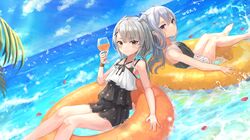  2girls artist_name bare_arms bare_legs bare_shoulders barefoot blush closed_mouth collarbone commission day grey_eyes grey_hair hair_between_eyes hair_ornament headgear highres i-201_(kancolle) i-203_(kancolle) innertube kantai_collection long_hair multiple_girls ocean polka_dot polka_dot_swimsuit signature skeb_commission smile swim_ring swimsuit wss_(nicoseiga19993411) x_hair_ornament 