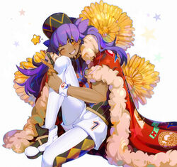  1boy baseball_cap blush cape champion_uniform chariko commentary dark-skinned_male dark_skin facial_hair flower fur-trimmed_cape fur_trim gloves grin hat invisible_chair leg_up leggings leon_(pokemon) long_hair looking_at_viewer male_focus one_eye_closed pokemon pokemon_swsh purple_hair red_cape shirt shoes short_shorts shorts single_glove sitting smile solo star_(symbol) teeth v white_leggings white_shorts yellow_eyes yellow_flower 