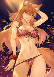  animal_ear_fluff animal_ears animal_print arm_behind_head arm_up bare_shoulders blush bra breasts cleavage collarbone egasumi fate/extra fate/extra_ccc fate/extra_ccc_fox_tail fate/grand_order fate_(series) female fox_ears fox_girl fox_tail gradient_background highres leopard_print light_rays lingerie long_hair looking_at_viewer mashuu_(neko_no_oyashiro) medium_breasts navel orange_hair panties pink_bra pink_panties purple_background scrunchie sidelocks smile solo suzuka_gozen_(fate) tail thighs underwear underwear_only wrist_scrunchie yellow_eyes 