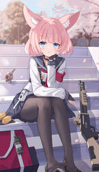  animal_ear_fluff animal_ears armband benelli_m3 bird black_footwear black_gloves black_pantyhose black_sailor_collar black_skirt blue_archive blue_eyes cherry_blossoms closed_mouth commentary falling_petals female fingerless_gloves fox_ears gloves gun halo hand_on_own_chin head_rest highres light_blush light_particles long_sleeves looking_at_viewer medium_hair neckerchief niko_(blue_archive) outdoors pantyhose petals pink_hair pouch pout red_bag red_neckerchief sailor_collar school_uniform serafuku serika shadow shoes shotgun skirt solo throat_microphone toes unworn_shoes weapon 