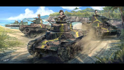  3girls :d absurdres artist_name black_border black_hair border brown_headwear brown_jacket camouflage caterpillar_tracks chi-hatan_(emblem) chi-hatan_military_uniform cloud cloudy_sky commentary driving emblem fukuda_haru girls_und_panzer glasses highres jacket kk90 long_hair long_sleeves military military_vehicle motor_vehicle multiple_girls nishi_kinuyo pointing sand signature sky smile special_type_2_launch_ka-mi splashing sun tamada_tamaki tank type_95_ha-gou type_97_chi-ha type_97_lmg vehicle_focus water wheel white_background world_war_ii 