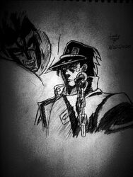  2020 3:4 blank_expression blank_stare chains clothed clothing duo hat headgear headwear hi_res human humanoid jojo&#039;s_bizarre_adventure jotaro_kujo male mammal monochrome shaded star_platinum third-party_edit zealot_bronze_(artist) 