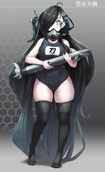  absurdly_long_hair absurdres abyssal_ship black_hair black_one-piece_swimsuit black_thighhighs blue_eyes breasts cannon female full_body hair_over_one_eye highres holding holding_torpedo ka-class_submarine kantai_collection konoshige_(ryuun) long_hair medium_breasts name_tag one-piece_swimsuit rebreather rigging school_swimsuit skindentation solo standing swimsuit thighhighs torpedo very_long_hair 