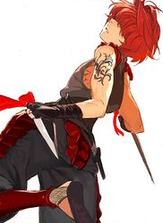  1boy armor bare_shoulders fate/grand_order fate_(series) feet_out_of_frame fingerless_gloves fuuma_kotarou_(fate) gloves hair_over_eyes japanese_clothes kunai looking_at_viewer looking_back male_focus ninja open_mouth pako_(pakosun) red_hair revealing_clothes sandals scarf short_hair shoulder_tattoo solo tattoo weapon white_background 