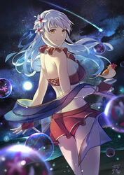  ass bare_arms bare_shoulders bikini bird bird_on_hand blue_ribbon breasts commentary_request cowboy_shot female fire_emblem fire_emblem:_radiant_dawn fire_emblem_heroes flower hair_flower hair_ornament hair_ribbon highres large_breasts long_hair looking_at_viewer looking_back micaiah_(fire_emblem) micaiah_(summer)_(fire_emblem) night night_sky official_alternate_costume red_bikini ribbon shooting_star sky smile standing star_(sky) starry_sky swimsuit tarayuki thighs very_long_hair white_flower white_hair yellow_eyes yune_(fire_emblem) 