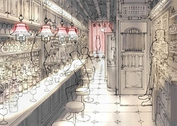  alcohol bar_(place) bottle commentary_request concept_art cup door drinking_glass indoors industrial_pipe k_kanehira kabukichou_sherlock lantern scenery shot_glass sitting standing stool tile_floor tiles wine_bottle 