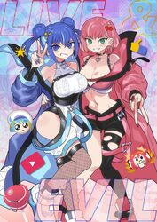  2girls asymmetrical_legwear blue_eyes blue_hair blue_jacket braid breasts cleavage collarbone crop_top double_bun duel_monster ear_piercing emoji english_text evil_twin_ki-sikil evil_twin_lil-la full_body green_eyes grin hair_bun highres jacket ki-sikil_(yu-gi-oh!) large_breasts leotard lil-la_(yu-gi-oh!) lipstick_mark lipstick_mark_on_breast live_twin_ki-sikil live_twin_lil-la looking_at_viewer midriff multiple_girls navel official_alternate_costume open_clothes open_jacket piercing pink_hair red_jacket short_hair short_shorts shorts smile thighhighs thinking_emoji torn_clothes torn_thighhighs twin_braids v wadatsumi_(sense11531153) yu-gi-oh! 