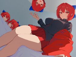  bare_legs black_shirt blue_bow bow breasts commentary_request disembodied_head female hairbow highres large_breasts looking_at_viewer miniskirt moriforest1040 multiple_heads red_eyes red_hair red_skirt sekibanki shirt short_hair skirt solo touhou 