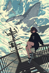  animal bare_legs black_jacket black_shirt black_shorts black_sweater bob_cut brown_hair cloud cloudy_sky commentary_request duplicate dutch_angle female flying_whale green_eyes highres jacket ligne_claire long_sleeves multicolored_eyes on_railing original outdoors pixel-perfect_duplicate power_lines railing seraphitalg shirt shoes short_hair short_shorts shorts signature sitting sky sneakers solo stairs sweater two-tone_footwear utility_pole whale 