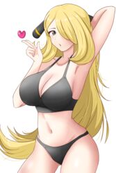  :o absurdres arm_up black_bra black_panties bra breasts cleavage cowboy_shot cynthia_(pokemon) female hair_ornament hair_over_one_eye heart highres large_breasts long_hair looking_at_viewer maho_(corotonton5150) navel open_mouth panties pokemon pokemon_dppt simple_background solo stomach underwear underwear_only very_long_hair white_background 