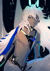  1boy abs arjuna_(fate) arjuna_alter_(fate) bad_id bad_twitter_id bare_shoulders black_eyes closed_mouth dark-skinned_male dark_skin embers expressionless eyeshadow fate/grand_order fate_(series) glowing_horns gradient_hair hair_between_eyes horns jewelry long_hair looking_at_viewer makeup male_focus multicolored_hair nipples pants pectorals semi_(p-poco) simple_background solo toned toned_male topless_male upper_body white_hair wings 