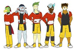  3:2 anthro anthrofied bayleef bottomwear clothed clothing cosplay ethan_(pokemon) footwear fully_clothed fuze generation_2_pokemon group hi_res hoodie male nintendo pants phanpy pokemon pokemon_(species) pokemorph shoes shorts simple_background sneasel teddiursa topwear white_background xatu 